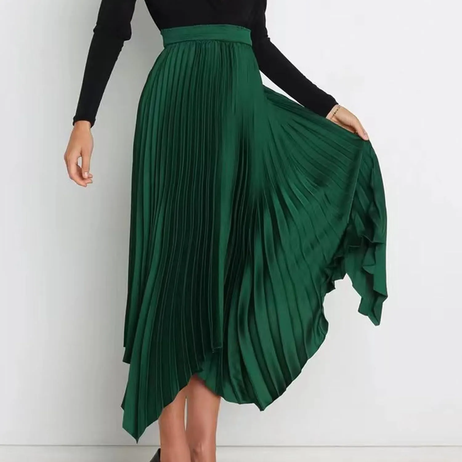 Women's Solid Color High Waisted Midi Skirt, Ruched Casual Irregular Hem Trendy Clothes Summer Going Out Casual Skirts