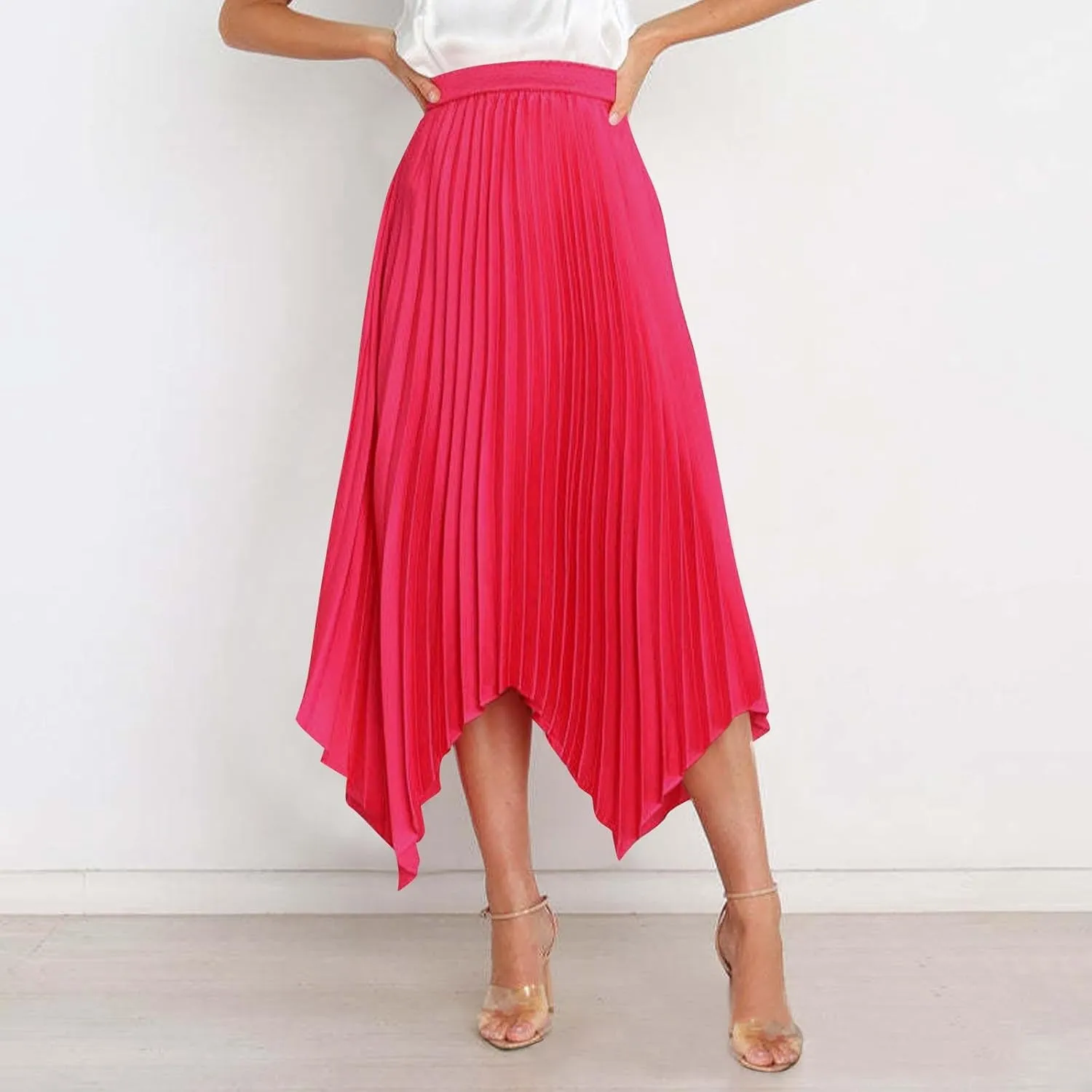Women's Solid Color High Waisted Midi Skirt, Ruched Casual Irregular Hem Trendy Clothes Summer Going Out Casual Skirts