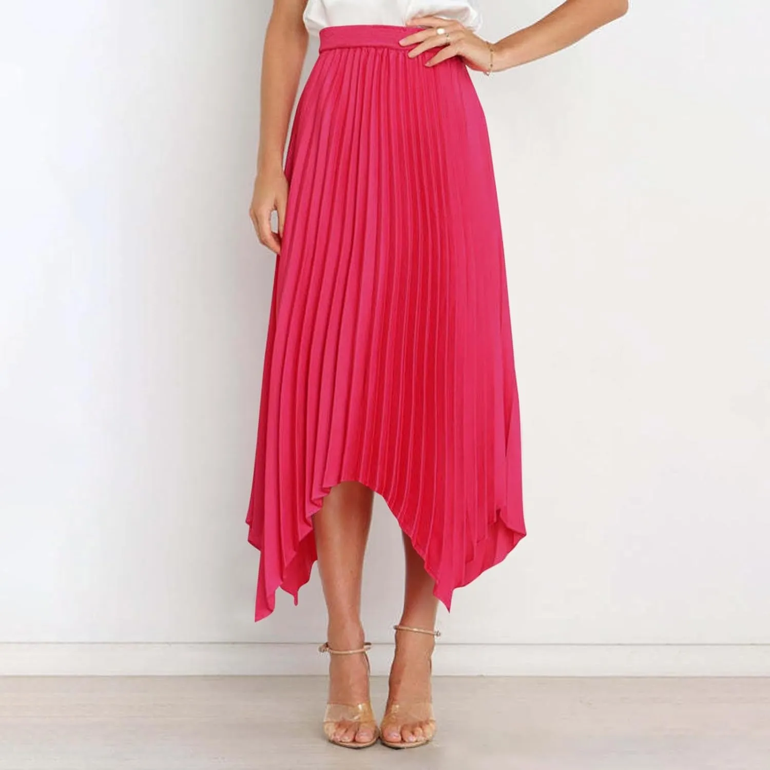 Women's Solid Color High Waisted Midi Skirt, Ruched Casual Irregular Hem Trendy Clothes Summer Going Out Casual Skirts