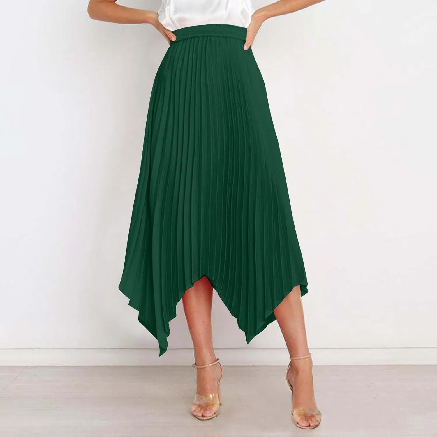 Women's Solid Color High Waisted Midi Skirt, Ruched Casual Irregular Hem Trendy Clothes Summer Going Out Casual Skirts
