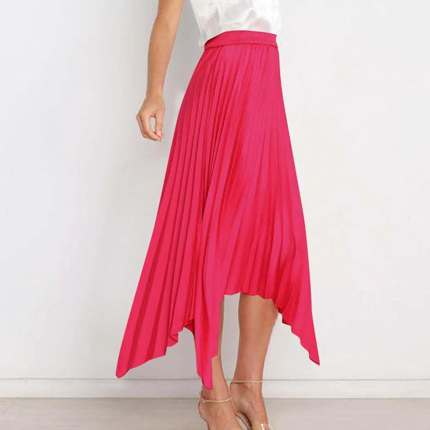Women's Solid Color High Waisted Midi Skirt, Ruched Casual Irregular Hem Trendy Clothes Summer Going Out Casual Skirts