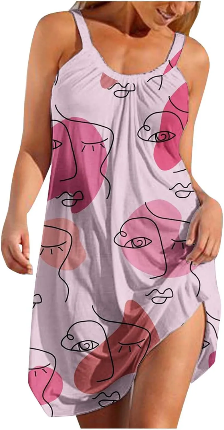 Womens Summer Boho Beach Dress Fashion Sexy Vintage Vest Sling Dress Floral Printed Party Dress Vacation Mini Dress