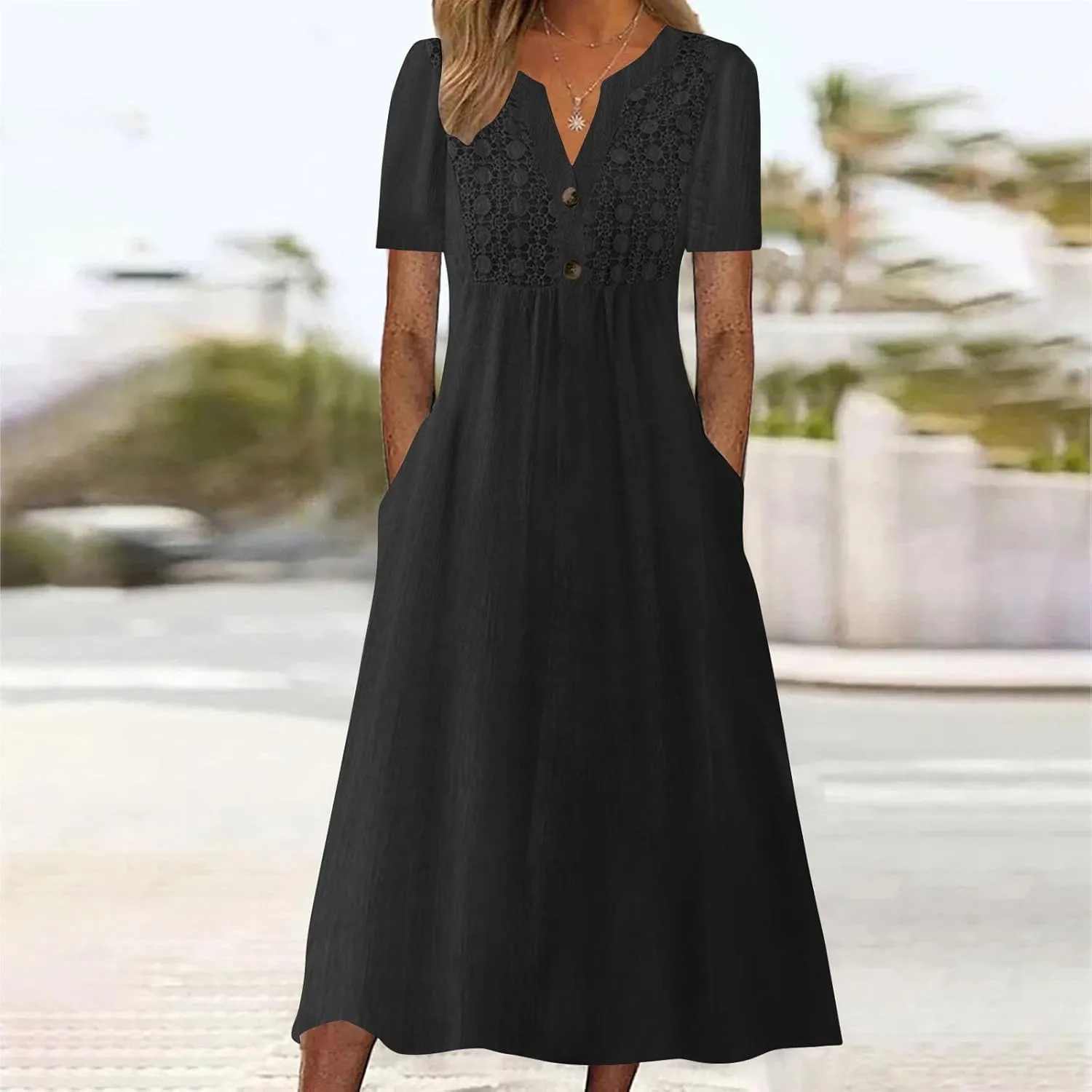 Women's Summer Petite Dress Casual Eyelet Hollow Out Short Sleeve Button V Neck A-line Dress Maxi Dress with Pockets
