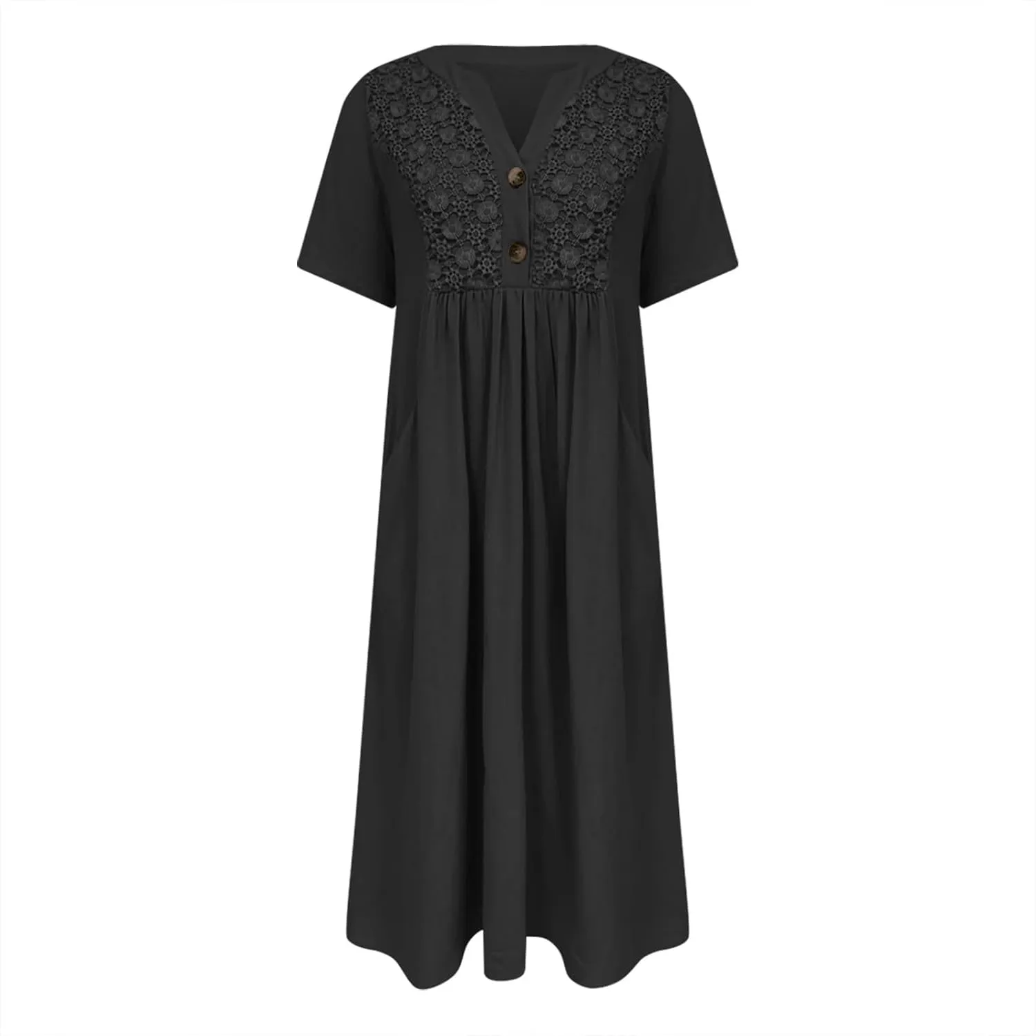 Women's Summer Petite Dress Casual Eyelet Hollow Out Short Sleeve Button V Neck A-line Dress Maxi Dress with Pockets