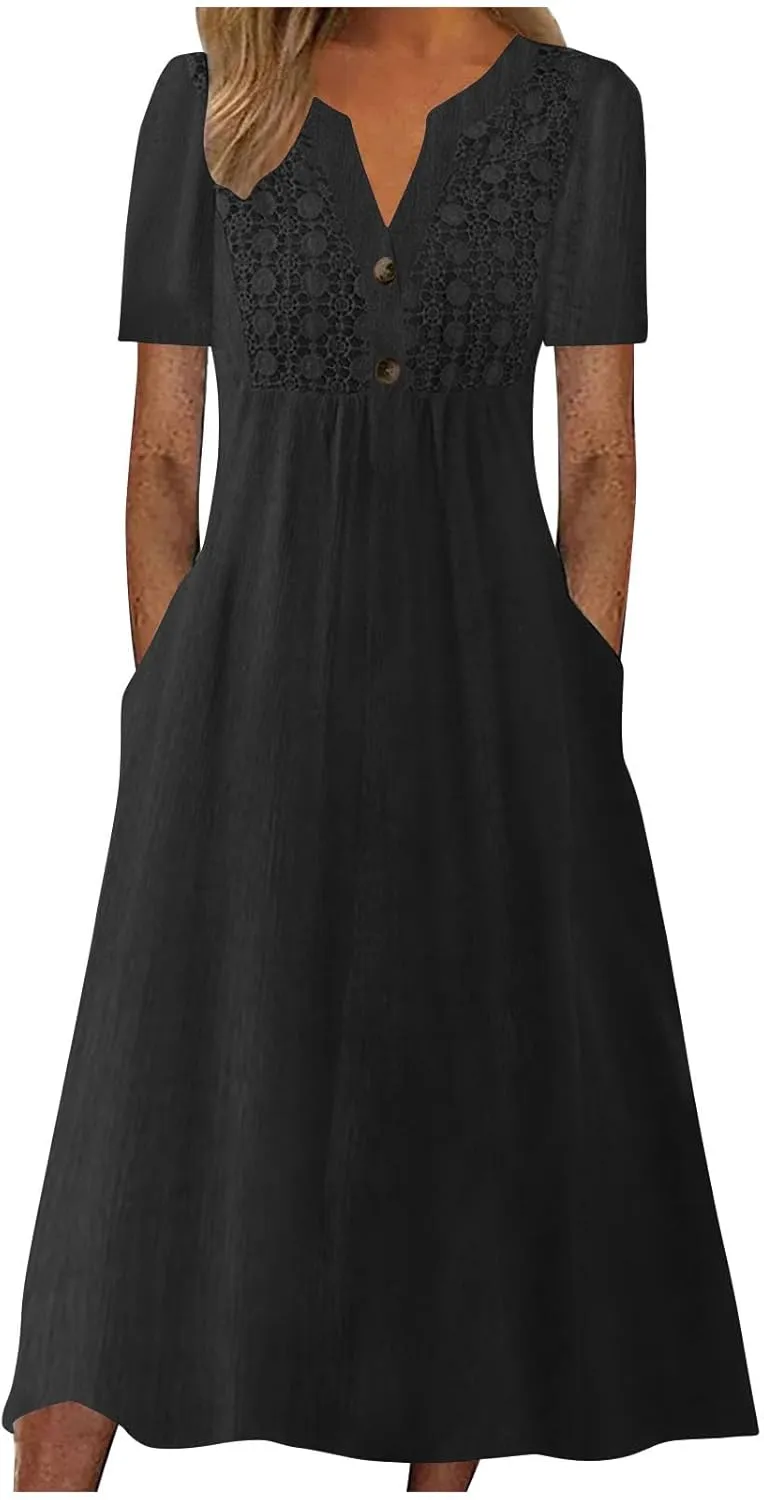 Women's Summer Petite Dress Casual Eyelet Hollow Out Short Sleeve Button V Neck A-line Dress Maxi Dress with Pockets
