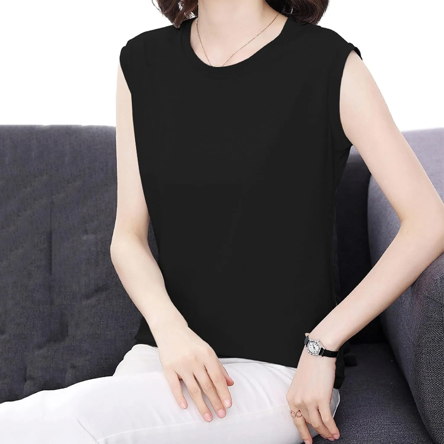 Womens Tank Tops Summer 2025 Casual Soft Comfy Plus Size Vests Round Neck Sleeveless Solid Color Loose T-Shirts