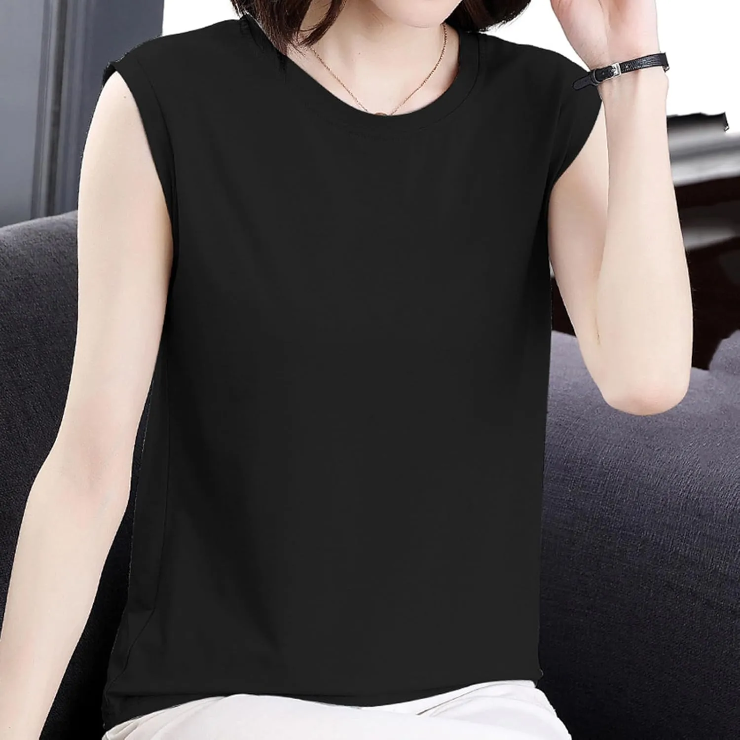 Womens Tank Tops Summer 2025 Casual Soft Comfy Plus Size Vests Round Neck Sleeveless Solid Color Loose T-Shirts