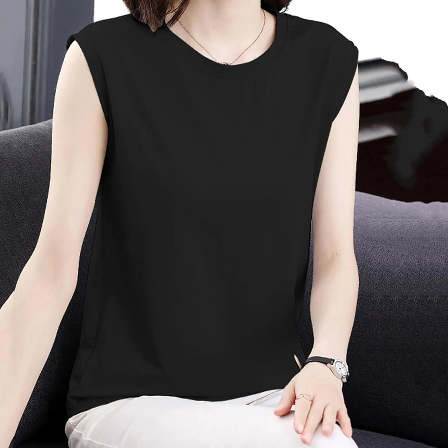 Womens Tank Tops Summer 2025 Casual Soft Comfy Plus Size Vests Round Neck Sleeveless Solid Color Loose T-Shirts