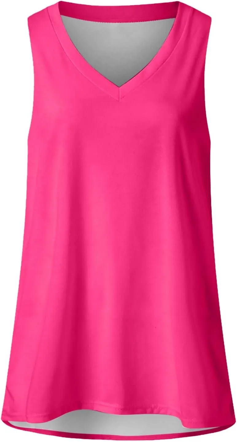 Women's Trendy Basic Tops V Neck Plus Size Blouse Tees Solid Color Comfort Long Tanks Sleeveless Pure T-Shirt Tees