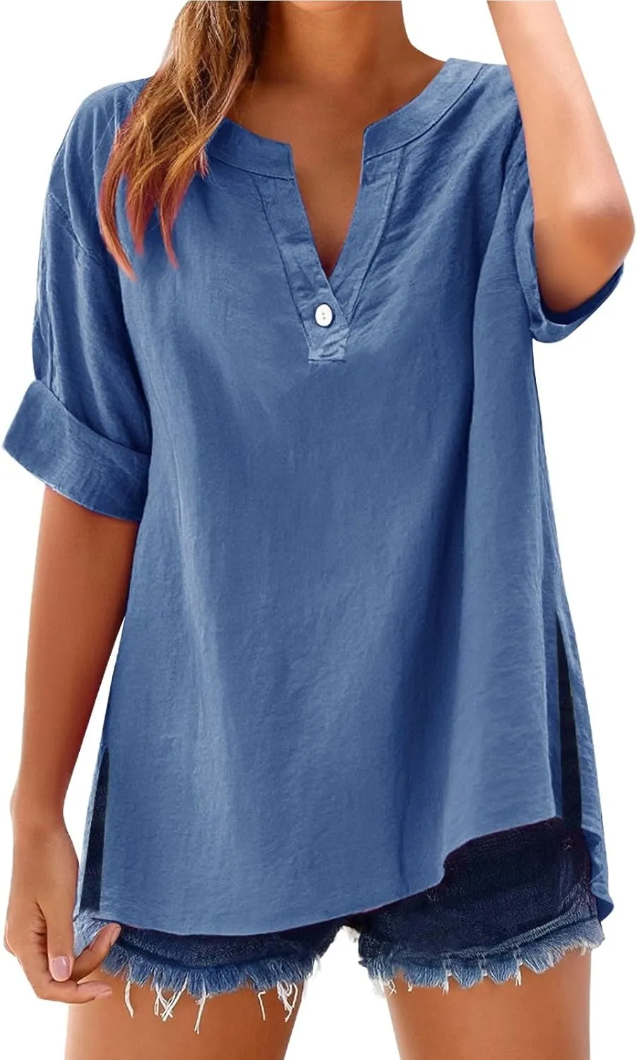 Womens V Neck Linen Henley Shirts 2025 Trendy Short Sleeve Button Summer Tee Blouses Loose Dressy Vacation Tunic Tops