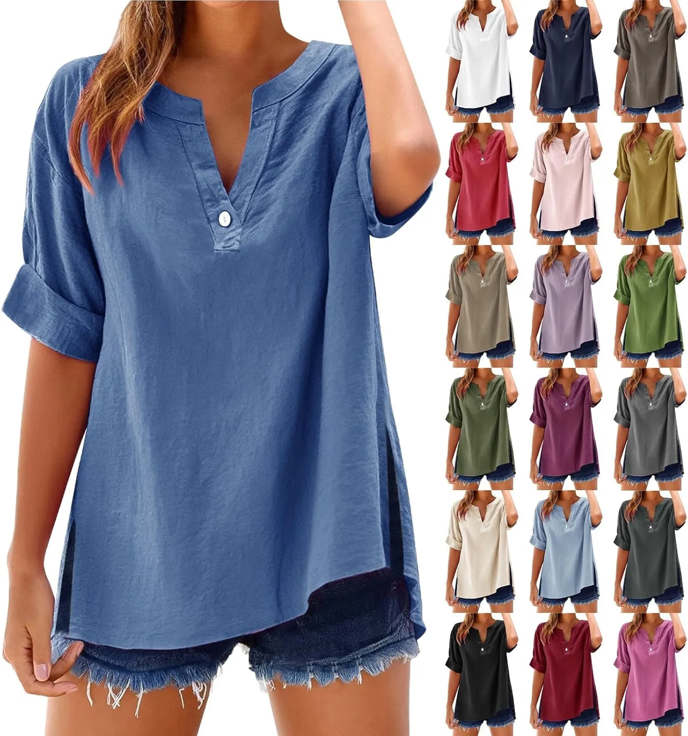 Womens V Neck Linen Henley Shirts 2025 Trendy Short Sleeve Button Summer Tee Blouses Loose Dressy Vacation Tunic Tops