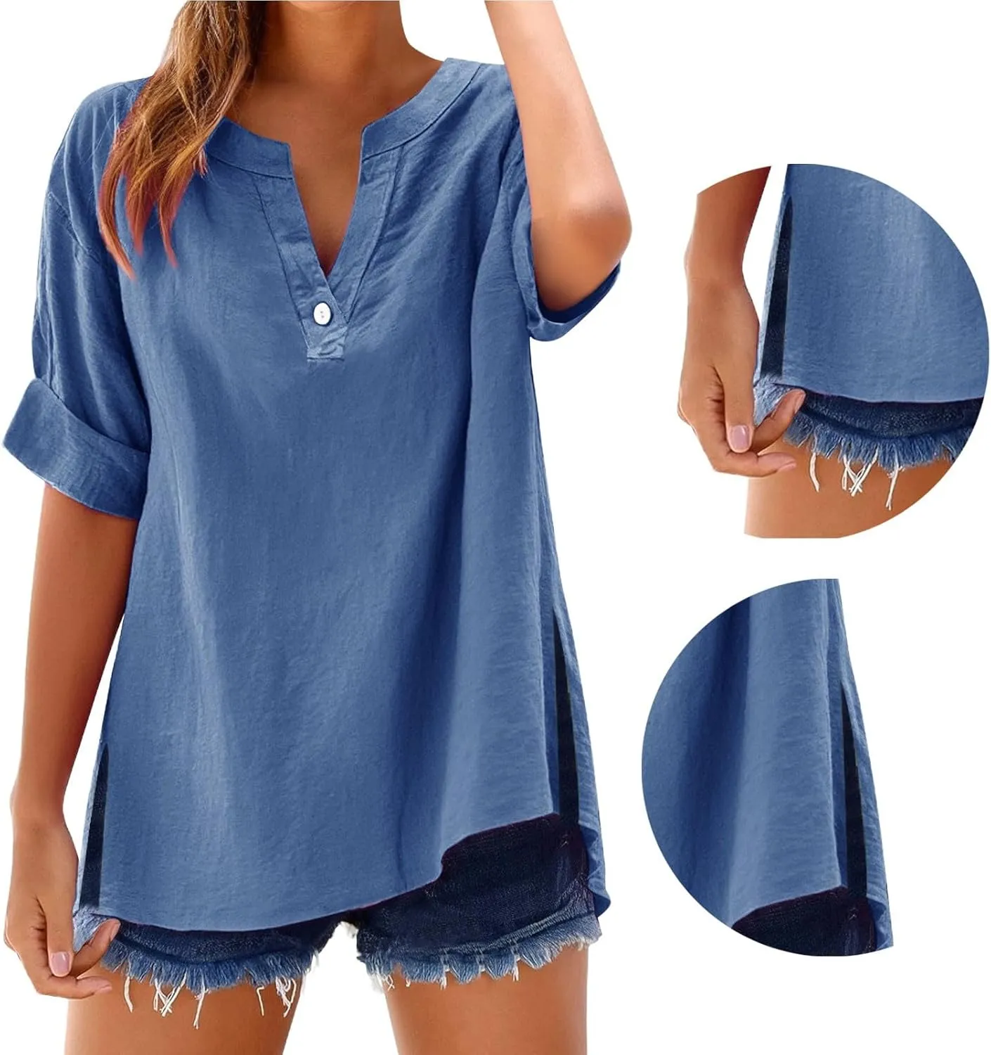 Womens V Neck Linen Henley Shirts 2025 Trendy Short Sleeve Button Summer Tee Blouses Loose Dressy Vacation Tunic Tops