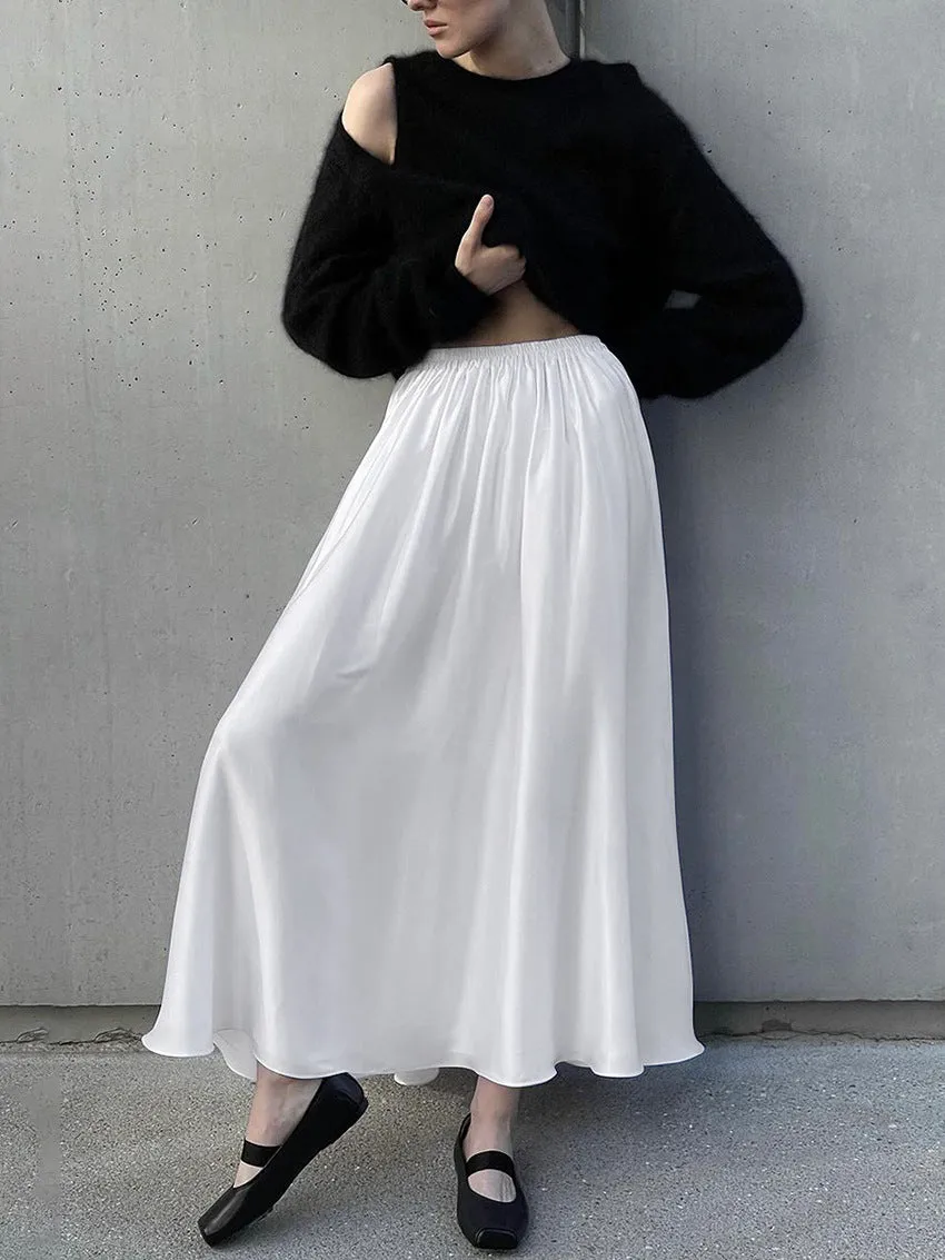 Women's White Satin High-Waist Elastic Waistband Midi Skirt