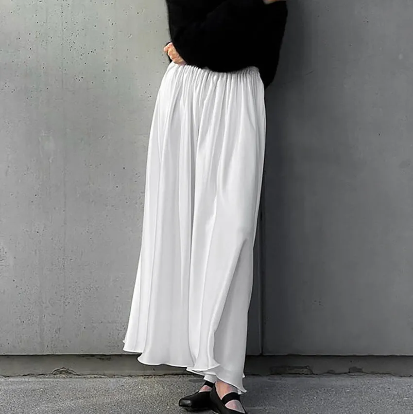 Women's White Satin High-Waist Elastic Waistband Midi Skirt