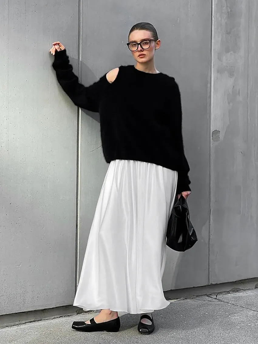 Women's White Satin High-Waist Elastic Waistband Midi Skirt
