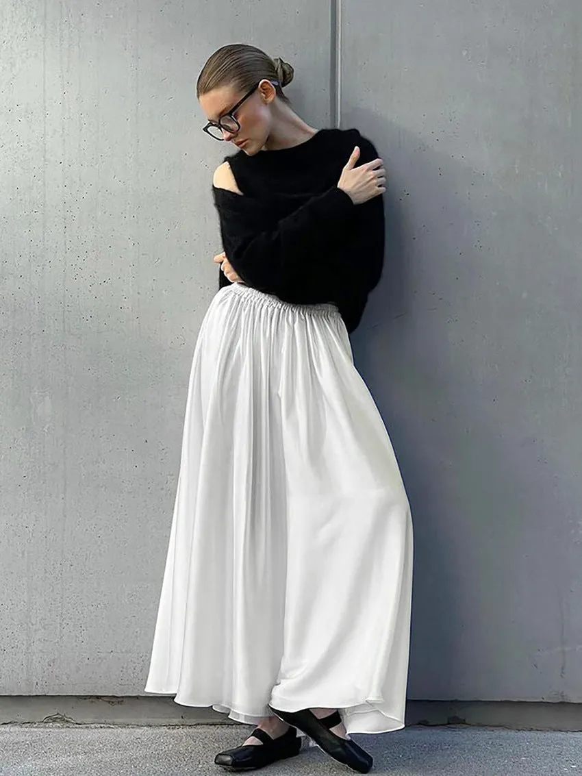 Women's White Satin High-Waist Elastic Waistband Midi Skirt