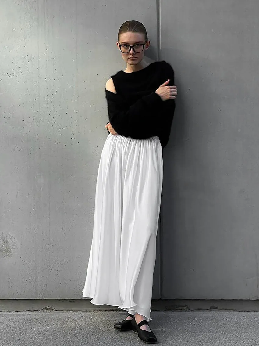 Women's White Satin High-Waist Elastic Waistband Midi Skirt