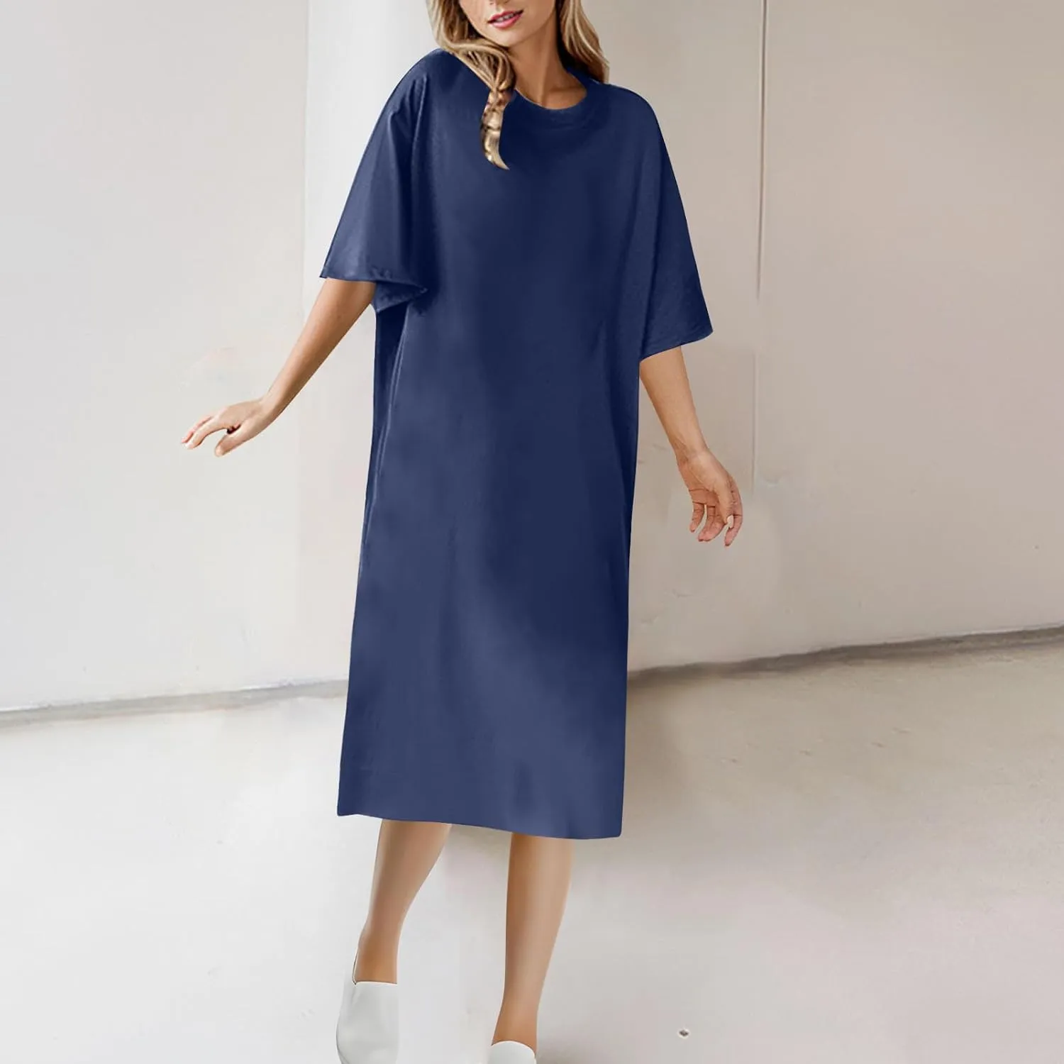 Xiaojmake Women Summer Tunic Dress Round Neck Casual Loose Straight Sheath Shift Dress Short Sleeve T-Shirt Dress Plus Size