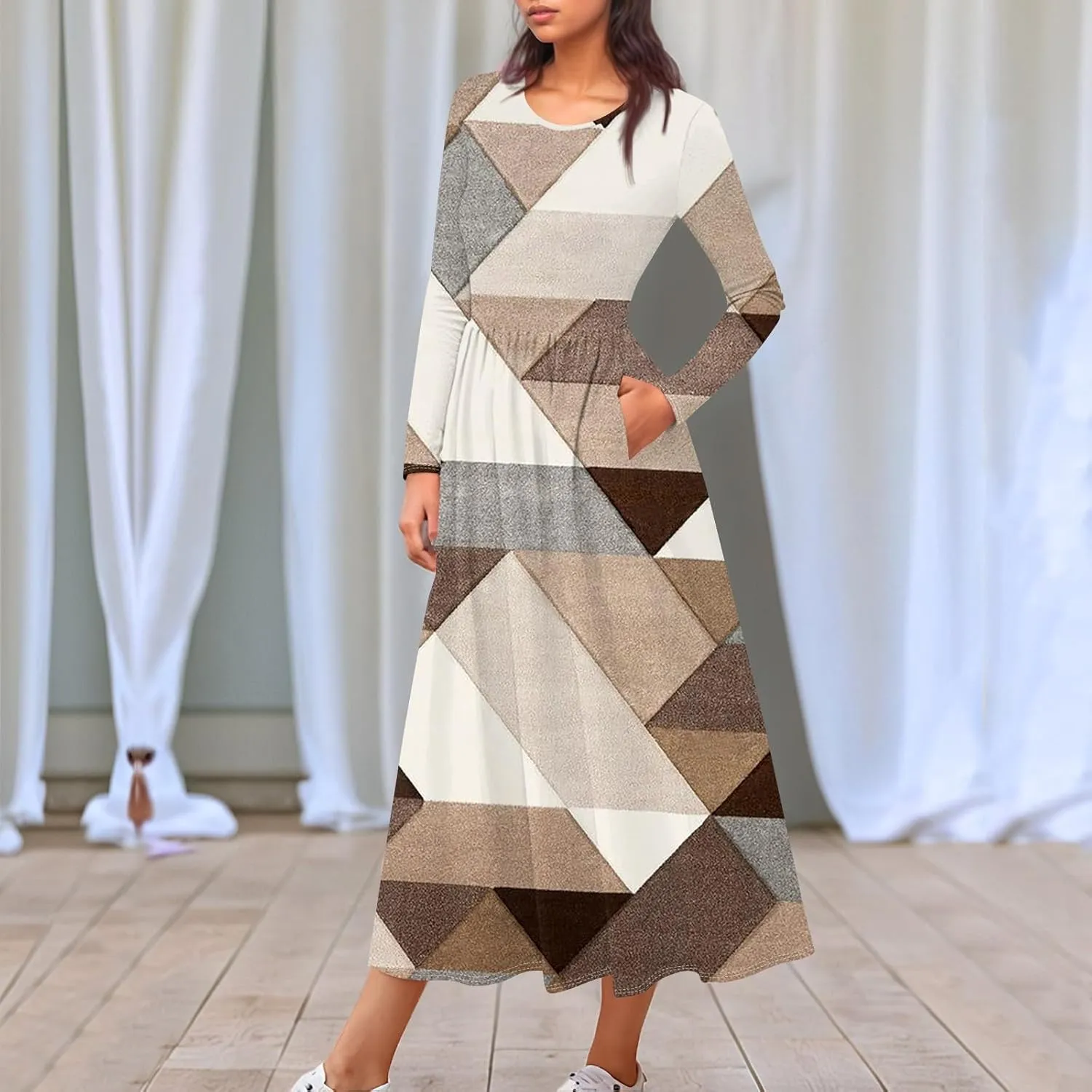 ZEFOTIM Long Sleeve Dress for Women Graphic Dresses with Pockets Long Dress Crewneck Dress Womens Spring Summer Dresses