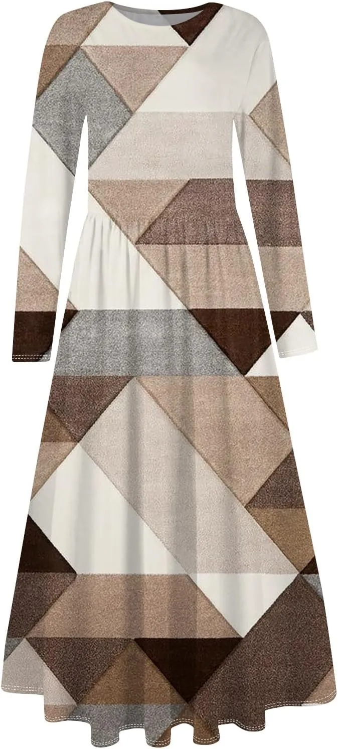 ZEFOTIM Long Sleeve Dress for Women Graphic Dresses with Pockets Long Dress Crewneck Dress Womens Spring Summer Dresses