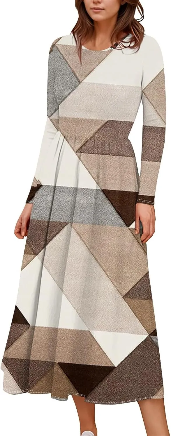 ZEFOTIM Long Sleeve Dress for Women Graphic Dresses with Pockets Long Dress Crewneck Dress Womens Spring Summer Dresses