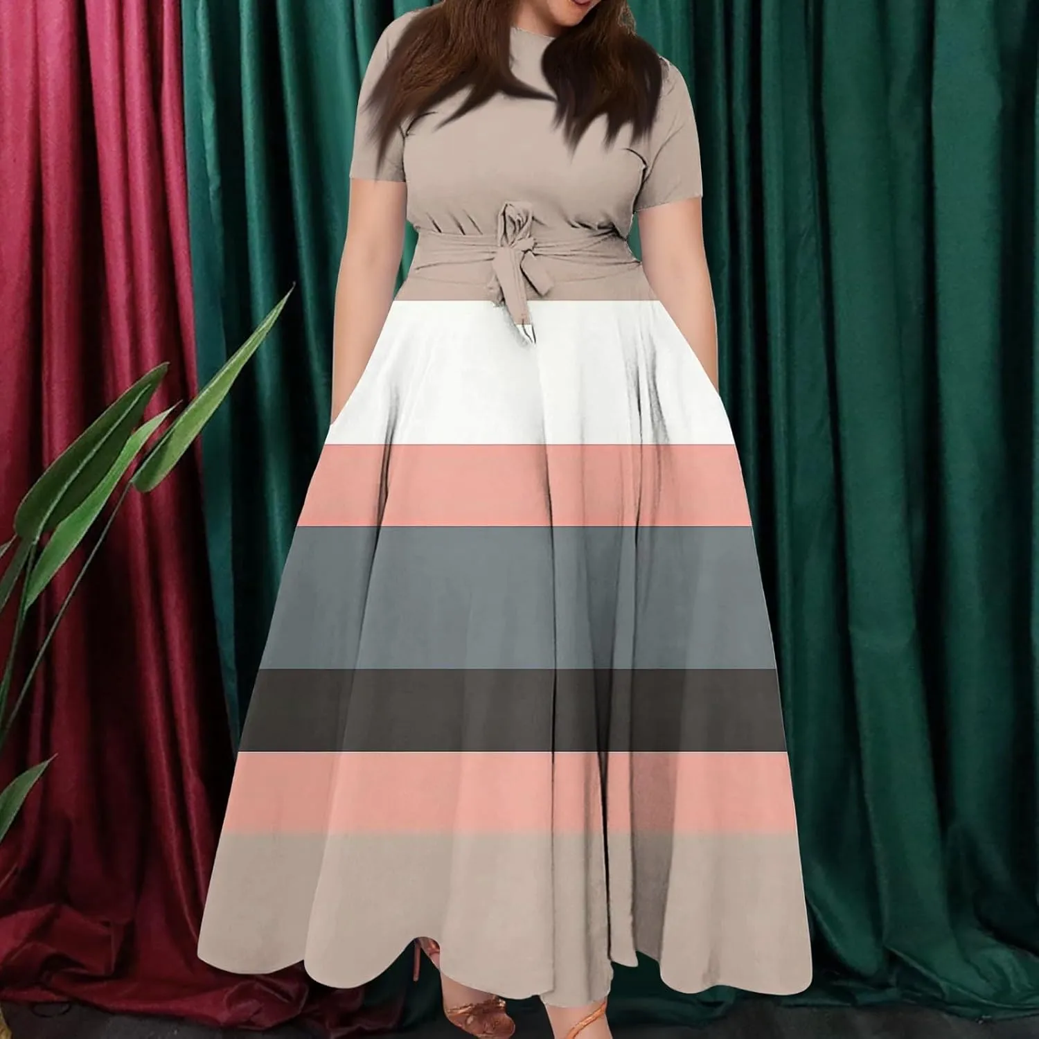ZEFOTIM Maxi Dress for Women Plus Size Elegant Striped Dress Short Sleeve Crew Neck Dresses