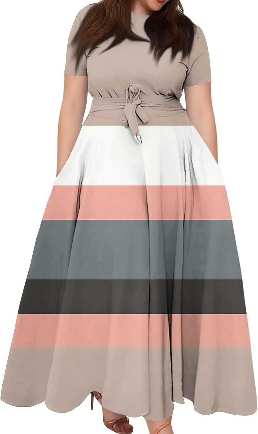 ZEFOTIM Maxi Dress for Women Plus Size Elegant Striped Dress Short Sleeve Crew Neck Dresses