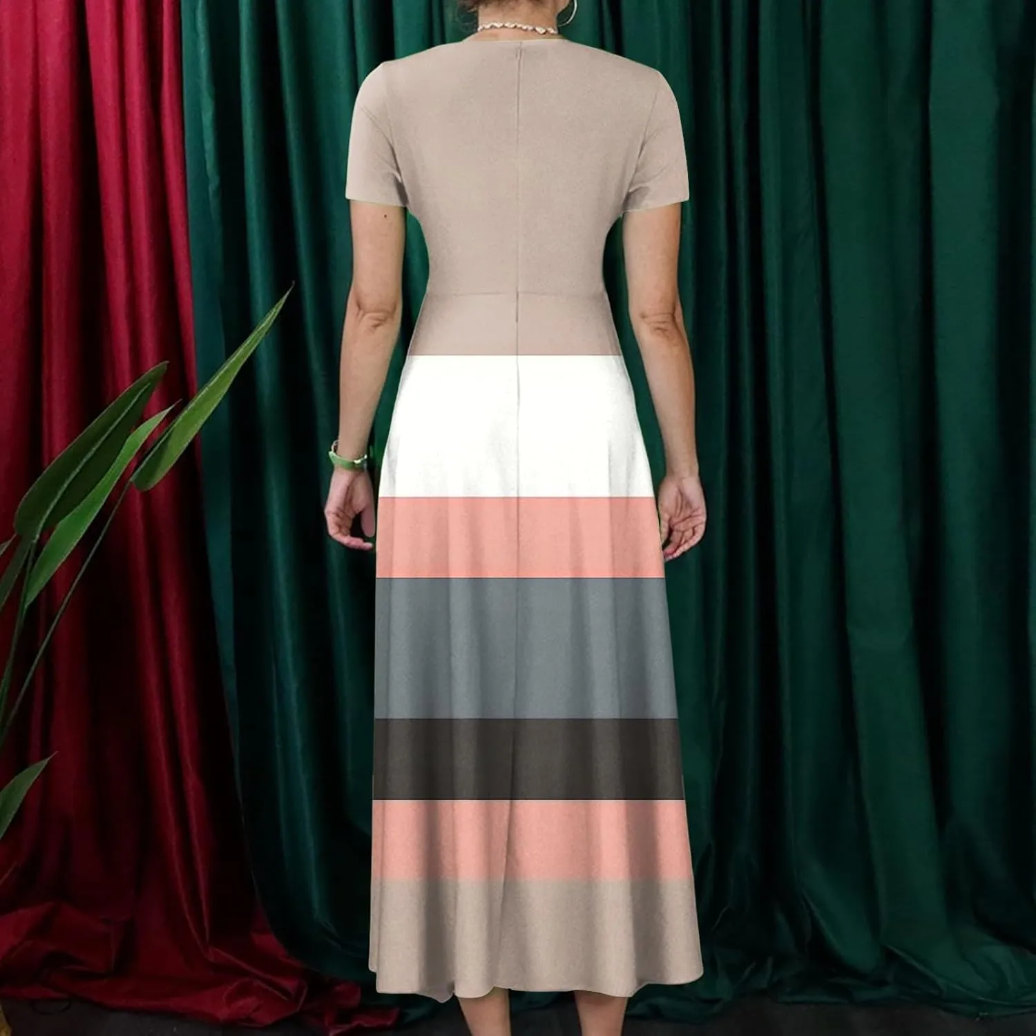 ZEFOTIM Maxi Dress for Women Plus Size Elegant Striped Dress Short Sleeve Crew Neck Dresses