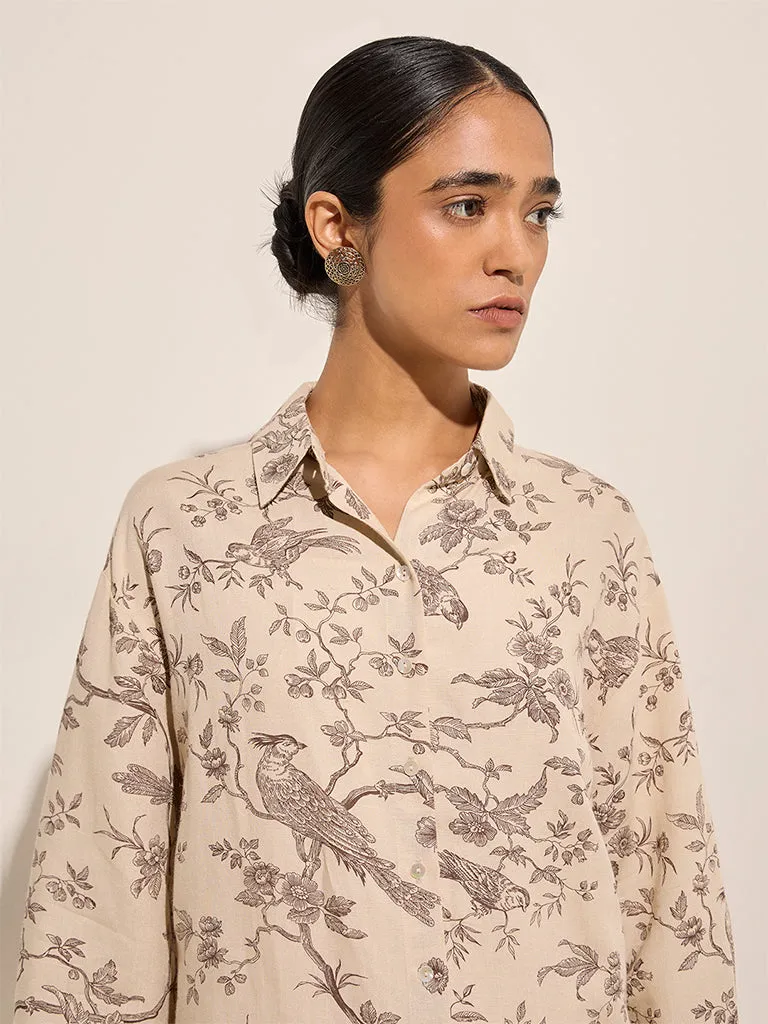 Zuba Beige Nature-Themed Cotton Ethnic Tunic